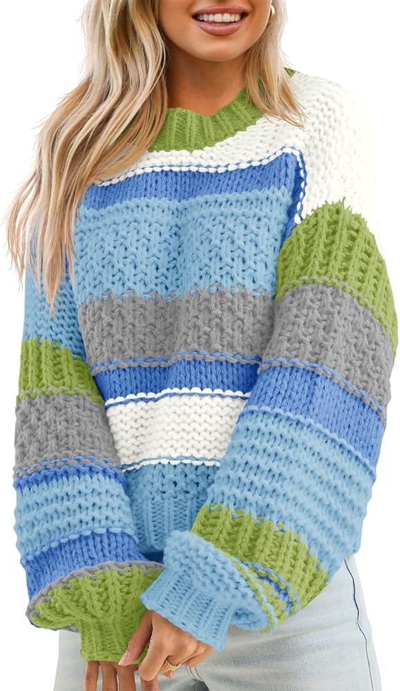 Saodimallsu Womens Color Block Sweater Striped Chunky Knit Cropped Sweaters Crewneck Fall Long Sl... | Amazon (US)