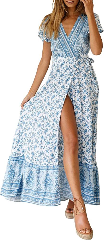 Women's Summer Short Sleeve Floral Print Bohemian Beach Waist Tie Wrap Long Flowy Dress with Slit | Amazon (US)