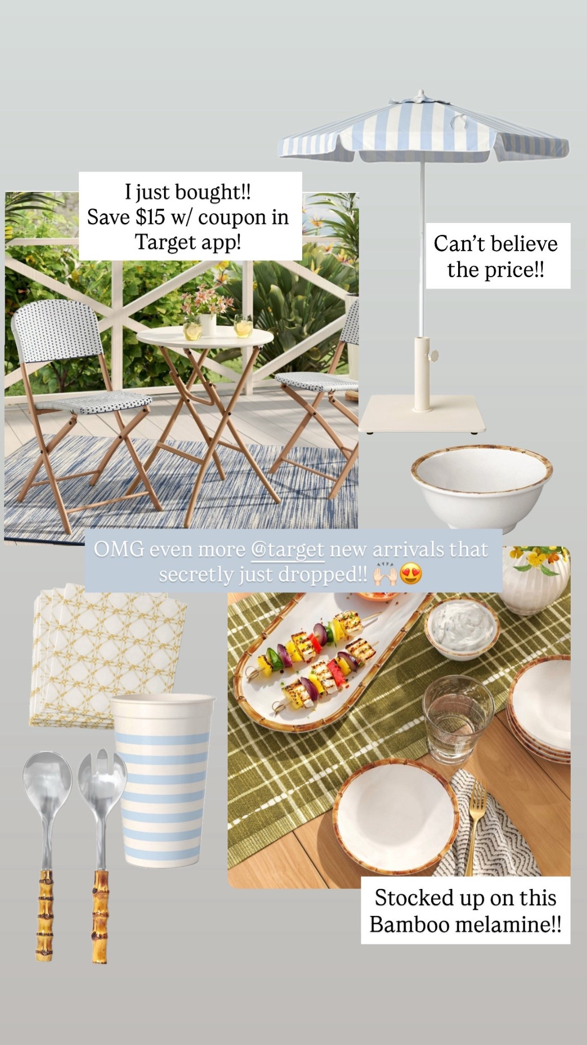 Secret new arrivals for Summer from Target!! I’ve been waiting for these fully assembled & foldable bistro chairs to come back online!! Just snagged 2 for our porch at the shore to pair with this little cafe table!!

And new affordable bamboo melamine just dropped too!! I stocked up for summer!! ☀️🙌🏻🌊⚓️🐚

#LTKSaleAlert #LTKHome