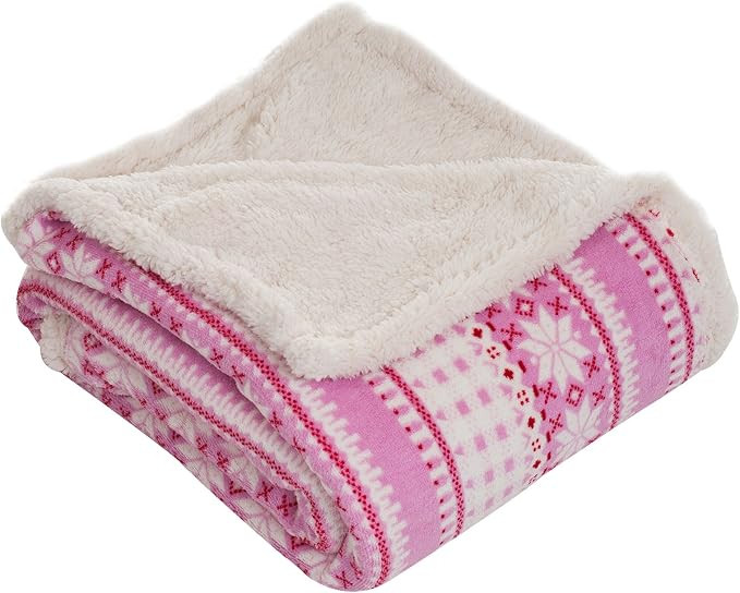 Home Pink Lavish Fleece Sherpa Blanket Throw Snowflakes, 50" x 60" | Amazon (US)