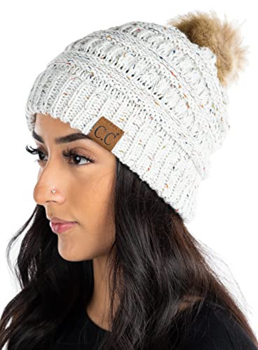 Funky Junque Women's Knit Pom Beanie Hat: Confetti - Ivory (Faux Fur Pom) | Amazon (US)