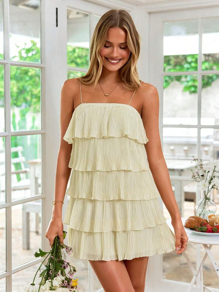 KARISMINA Women's Elegant Multi-Layer Ruffled Hem Spaghetti Strap Dress For Summer,Pastel Dresses... | SHEIN