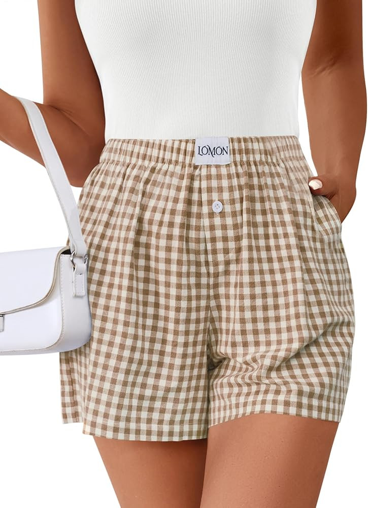 LOMON Boxer Shorts for Women Summer Gingham Cotton Pajamas 2025 Lounge Sleep Pj Plaid Shorts Y2K ... | Amazon (US)