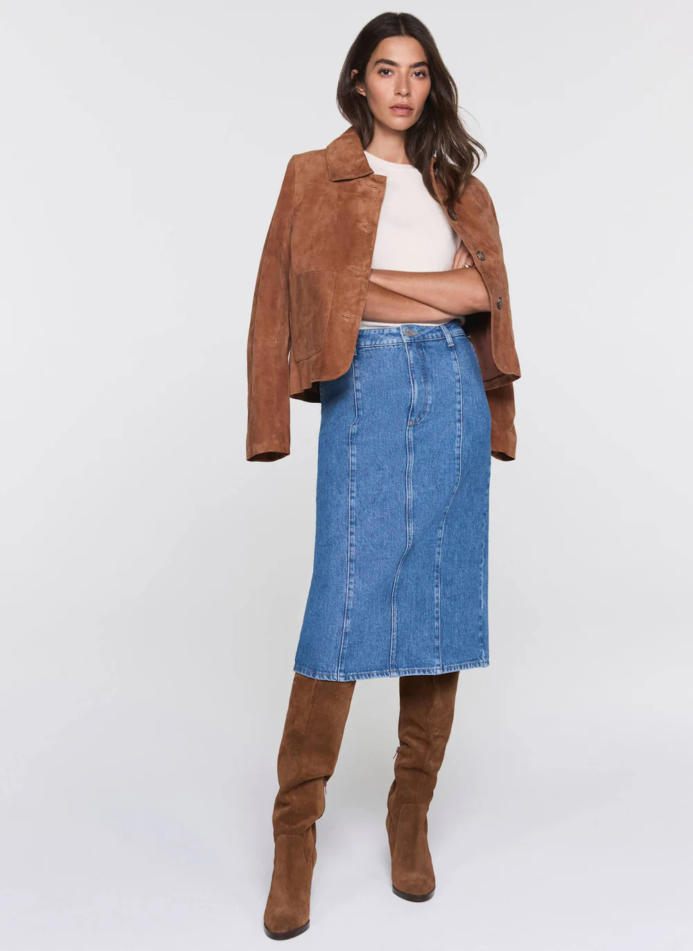 Indigo Denim Straight Midi Skirt | Mint Velvet