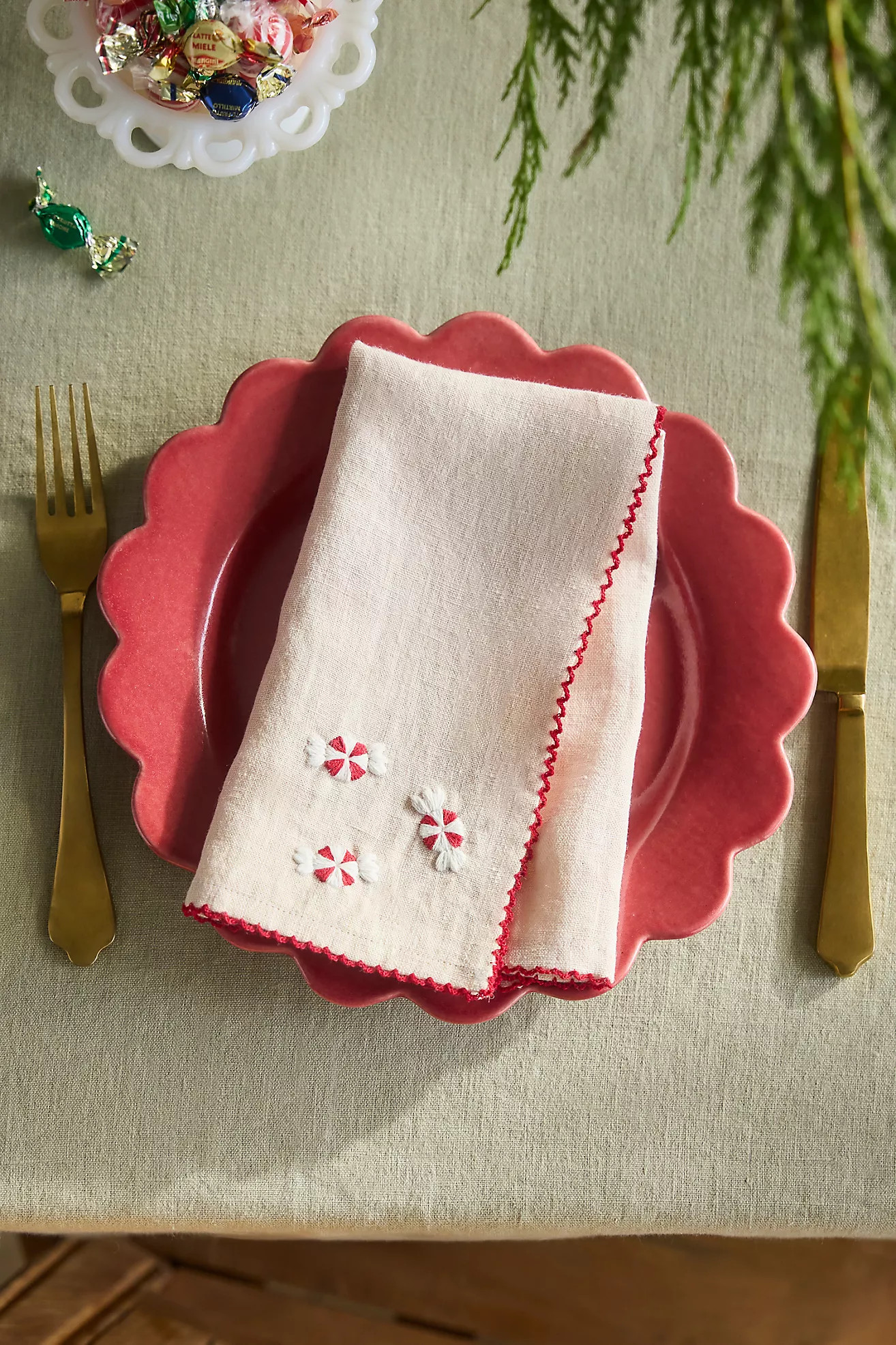 Hand-Stitched Christmas Icon Napkins, Set of 2 Candy | Terrain