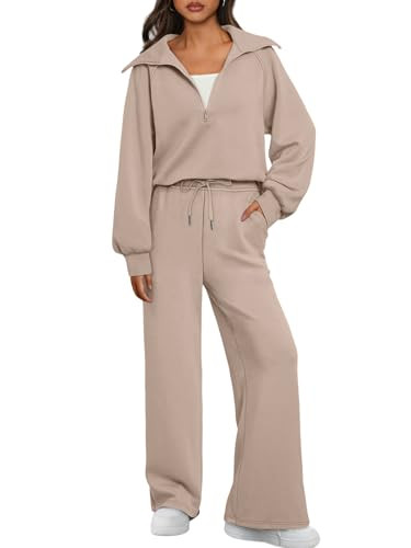 AUTOMET Womens 2 Piece Outfits Long Sleeve Sweatsuits Matching Sets Half Zip Sweatshirts with Wide Leg Sweatpants Khaki M | Amazon (US)