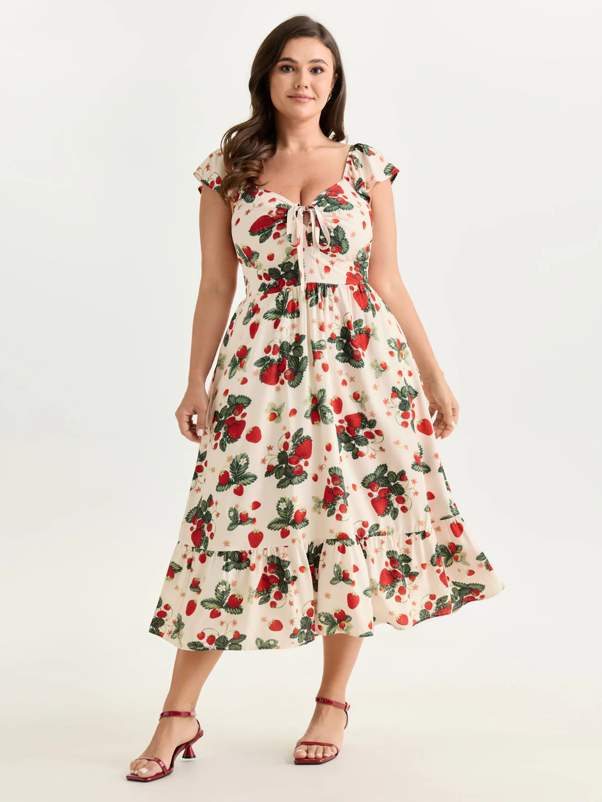 Strawberry Print Ruched Adjustable Bodice Midi Dress | Bloomchic