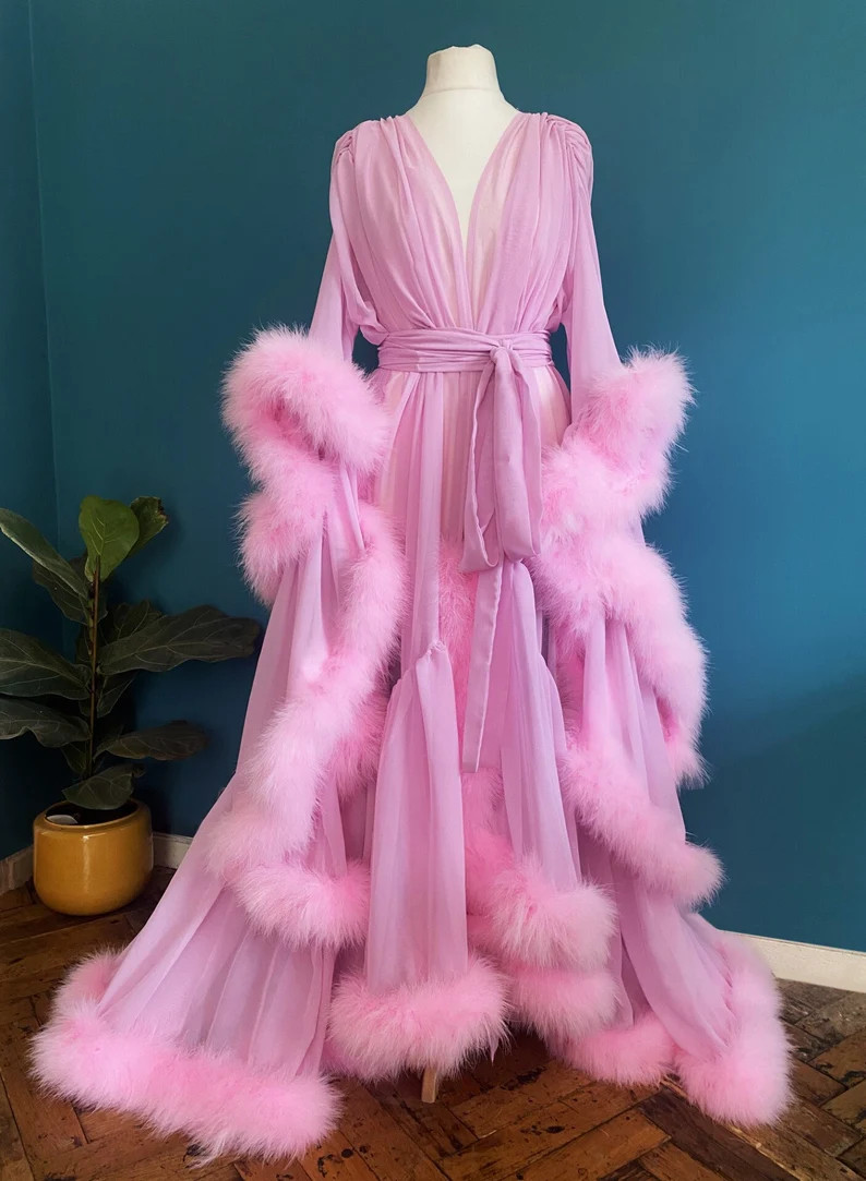 Chiffon Dressing Gown with Marabou Trim in Baby Pink | Etsy (US)