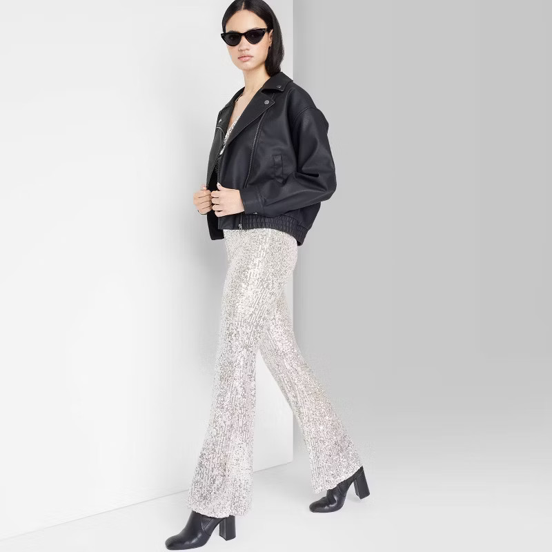 Women's Low-Rise Slinky Knit Flare Pants - Wild Fable™ Champagne Sequin L | Target