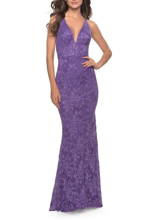 La Femme Fitted Stretch Lace Prom Dress with Banded Waist in Purple at Nordstrom, Size 00 | Nordstrom