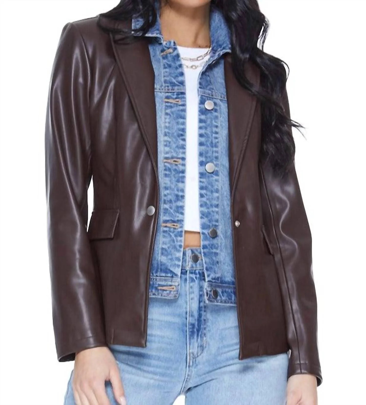 Helen Blazer Unreal Leather With Removable Denim Insert In Chocolate | Shop Simon