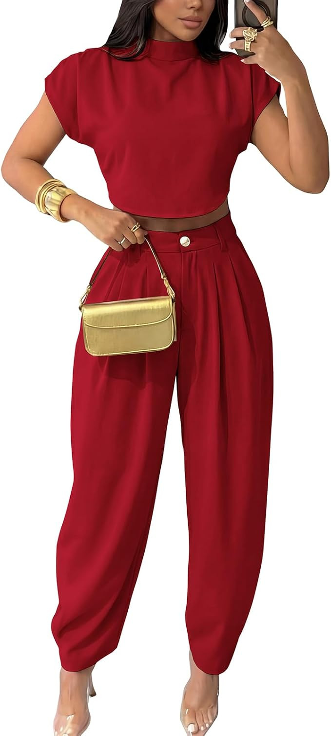 2 Piece Sets for Women Casual Mock Neck Cap Sleeve Crop Tops and Palazzo Pants Vacation Travel Ou... | Amazon (US)