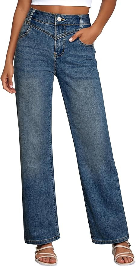 Sidefeel Women's Wide Leg Jeans High Waisted Straight Leg Stretchy Denim Pants with Pockets | Amazon (US)