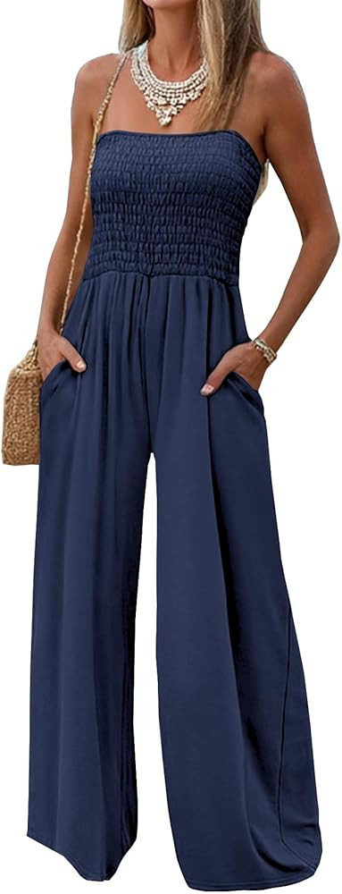 AUXDIO Womens Casual Strapless Summer Jumpsuits Loose Off Shoulder Smocked Sleeveless Wide Leg Ro... | Amazon (US)