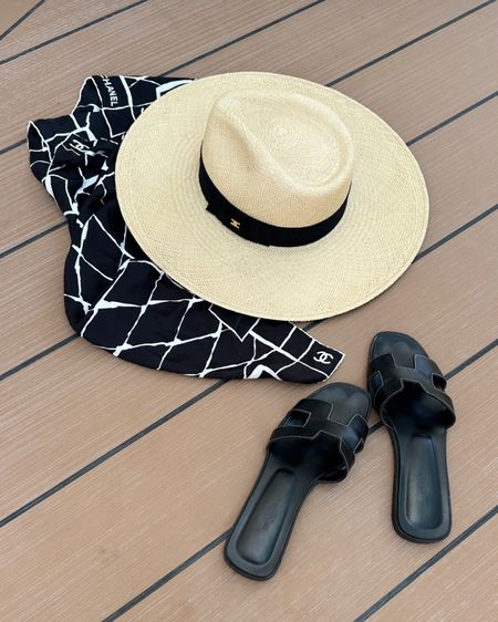 Summer Holiday Beach Accessories 😎 Celine Triomphe Panama Hat Straw and Black, Hermes Oran Black Sandals, Celine Black Sarong

#LTKsummer #LTKtravel #LTKshoes