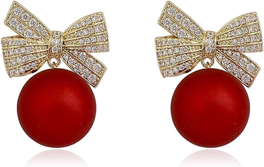 Christmas Earrings for Women Christmas Bow Earrings Xmas Earrings Red Ball Pearl Bow Earrings Chr... | Amazon (US)