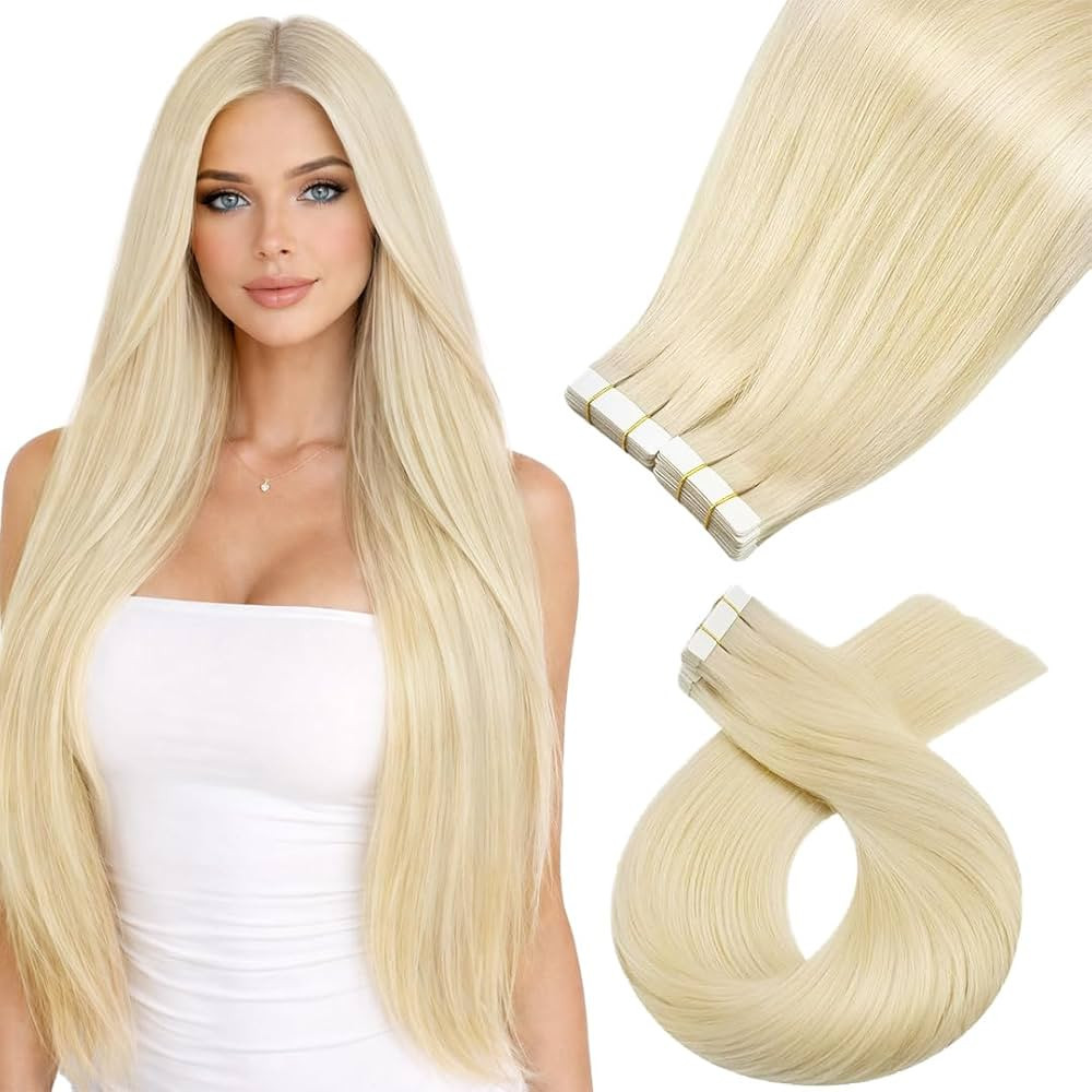 Moresoo Platinum Blonde Tape in Hair Extensions Human Hair Straight Hair Extensions Tape in Human... | Amazon (US)