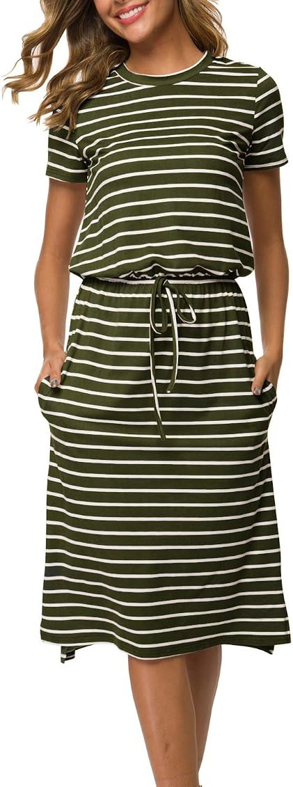 Simier Fariry Womens Adjustable Waistline Midi Dress with Pockets | Amazon (US)