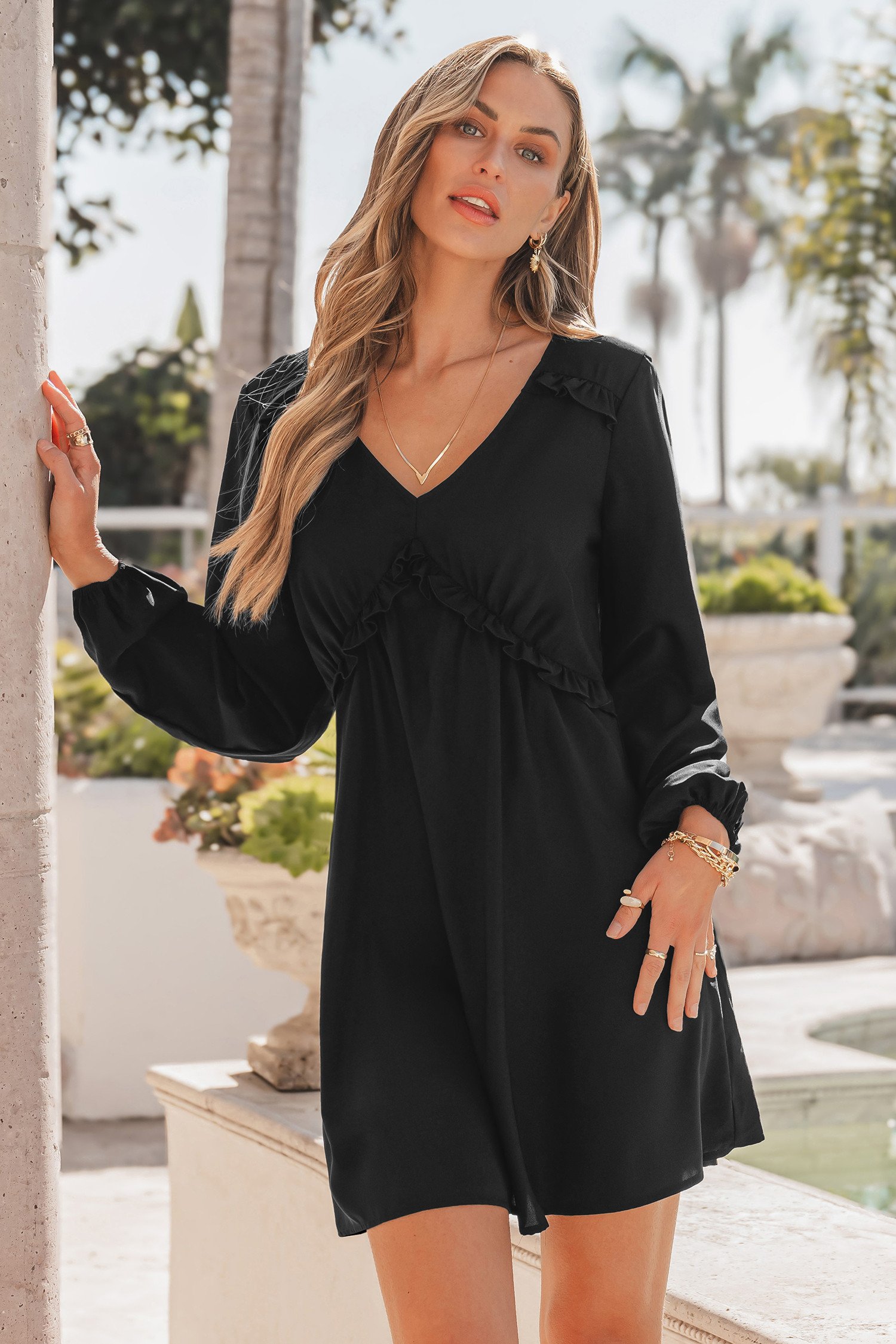 NewBlack Plunging Puff Sleeve Mini Dress | Cupshe US