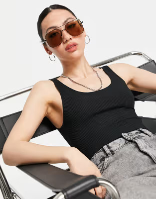 Mango recycled polyester ribbed scoop back bodysuit in black | ASOS (Global)