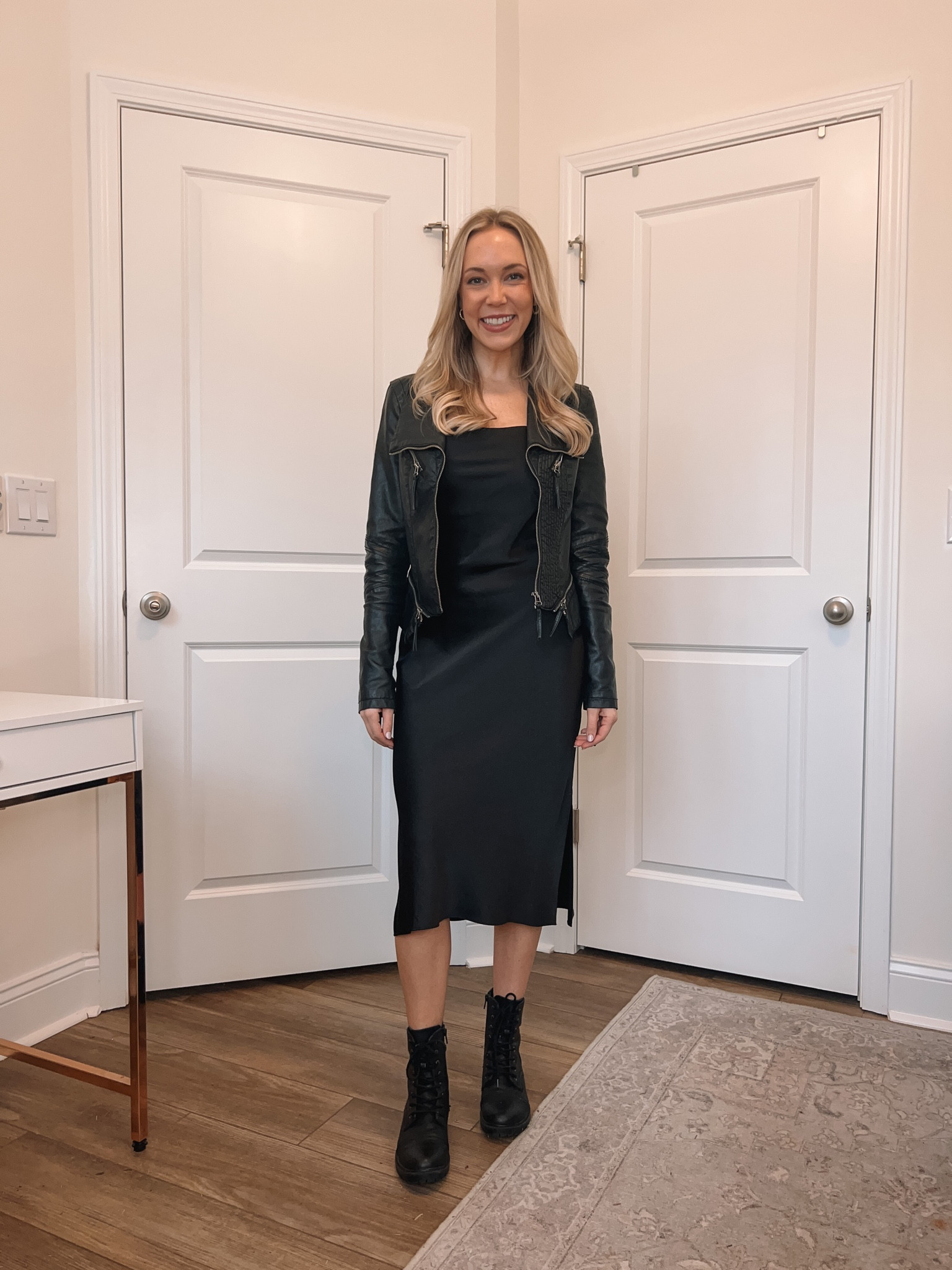 Black slip dress, slip dress outfit, vegan leather jacket, combat boots, winter date night outfit 

#LTKunder100 #LTKunder50 #LTKworkwear