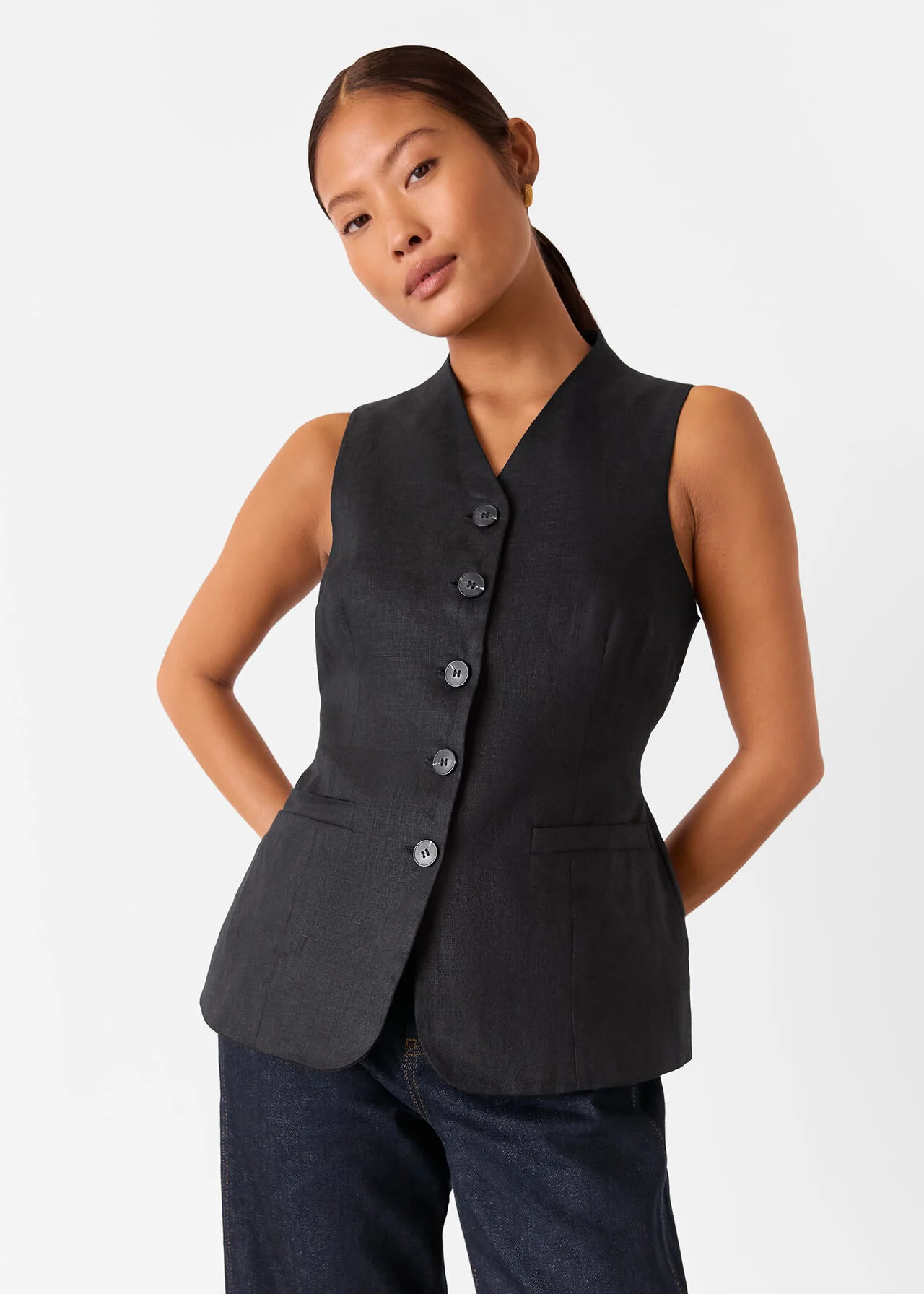 Black Molly Linen Waistcoat | WHISTLES | Whistles UK | | Whistles