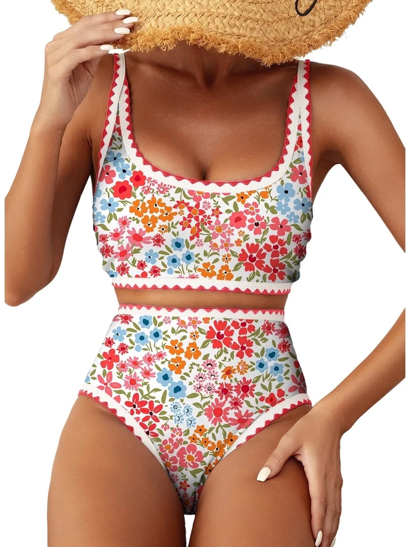 SHEWIN Women's Bikini Sets Floral Print Whip Stitch 2 Piece Swimsuits High Waisted Scoop Bathing ... | Walmart (US)