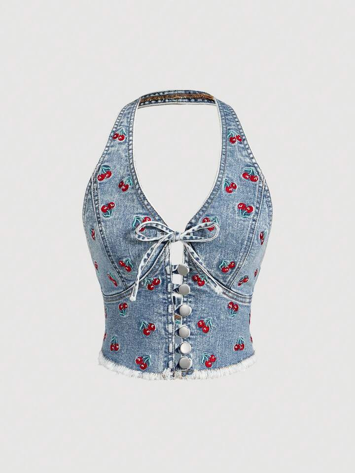 SHEIN MOD Women's Denim Halter Jacket With Front Tie And Cherry Pattern | SHEIN