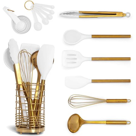 White Silicone and Gold Cooking Utensils Set with Gold Utensil Holder: 17PC Set Includes White & Gol | Walmart (US)
