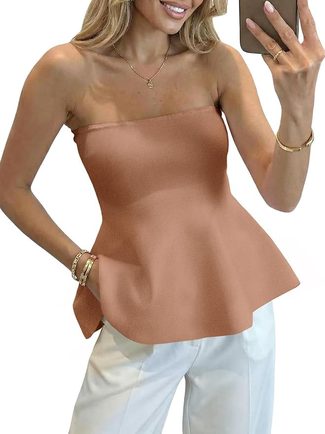 Saodimallsu Womens Peplum Tube Tops Sleeveless Strapless Bandeau Tank Top 2026 Summer Cute Ruffle... | Amazon (US)