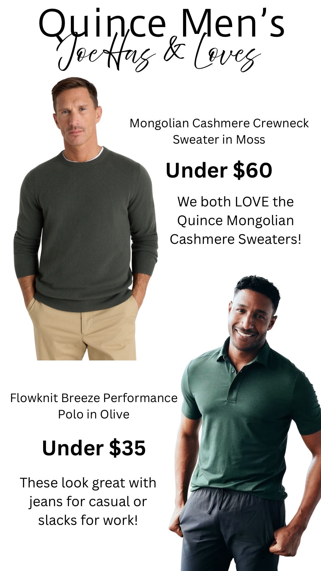 Gift ideas for him! Joe has both of these and loves them. The Quince Mongolian Cashmere Sweaters (men’s and women’s) are top notc for an unbelievable price! I highly recommend!

Gifts for him, husband gift ideas, brother gift ideas, father gift ideas, men’s sweaters, polo, Christmas gift, gift guide

#LTKMens #LTKCyberWeek #LTKGiftGuide