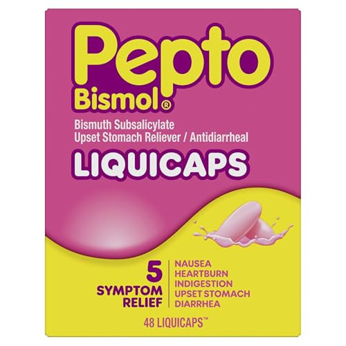 Pepto Bismol Liquicaps, Upset Stomach Relief, Nausea Relief, Heartburn Relief, Indigestion Relief, Anti Diarrhea Medication for Adults - 5 Symptom Fast Relief, No Flavor, 48 ct | Amazon (US)