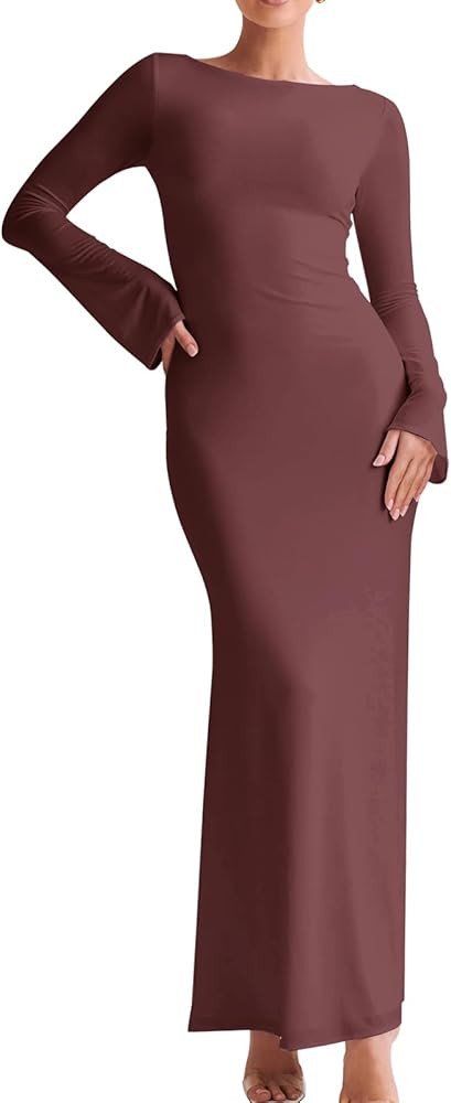GLNEGE Women's Long Sleeve Bodycon Maxi Dress Elegant Fitted Crew Neck Lounge Dresses | Amazon (US)