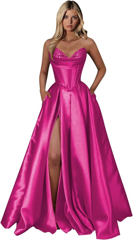 GUKARLEED Women’s Pleated Satin Prom Dresses with Pockets Slit Formal Dress Off The Shoulder Se... | Amazon (US)
