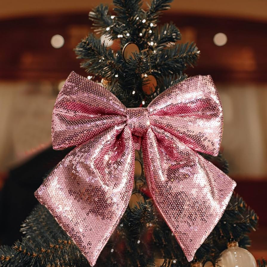 Large Sparkly Pink Bow for Christmas Tree Topper - 10 Inch Width, Glitter Sequin Bowknot for Tree... | Amazon (US)