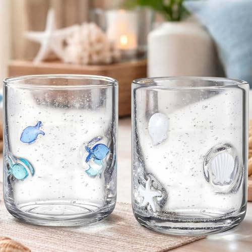 Widecook 2 Pack 14oz Icon Juice Glass Cups Stemless Wine Drinking Juice Glass Cup Sea Shell Small Fish Star Design Iced Coffee Tumblers for Summer Women Girls Gift Set | Amazon (US)