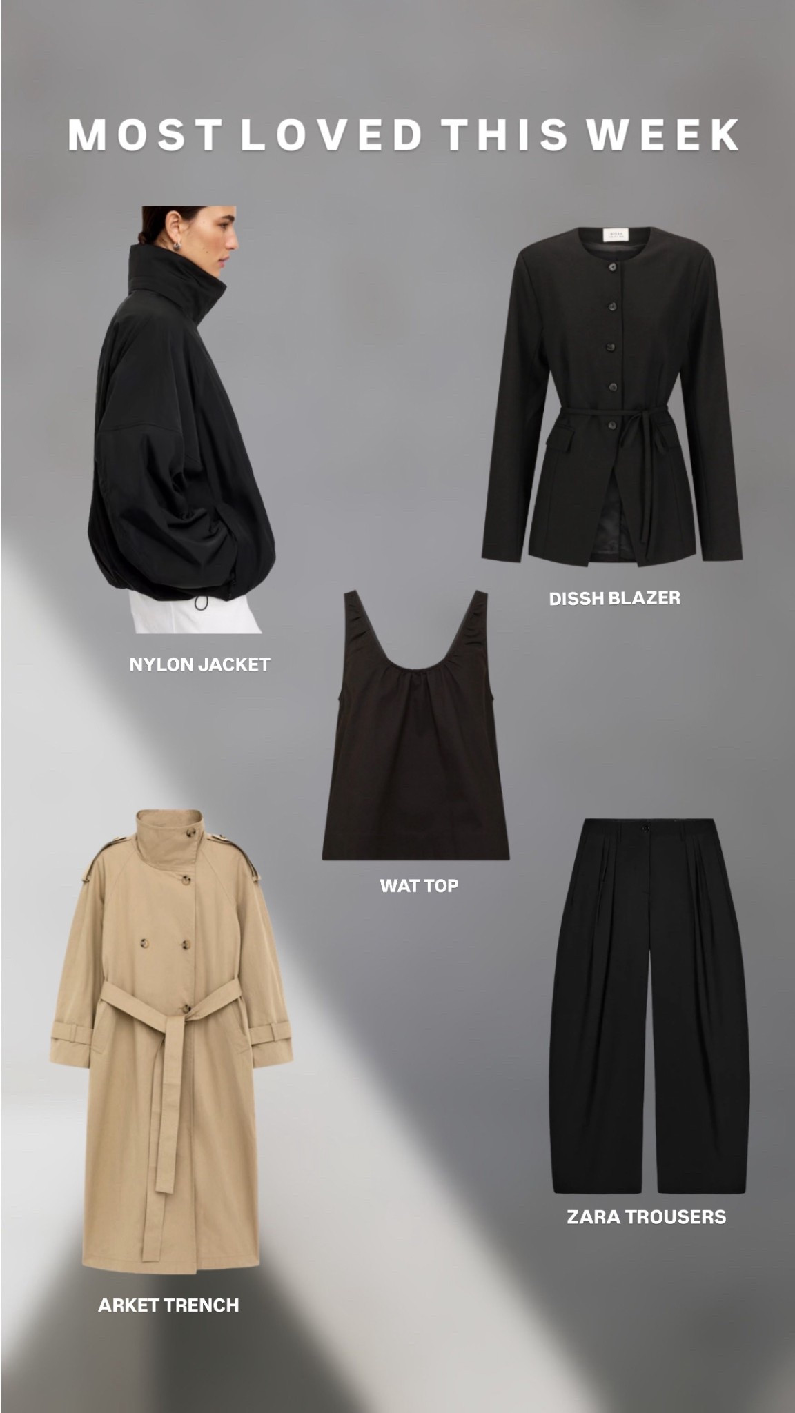 This weeks top 5 

Arket windbreaker nylon jacket
Dissh linen blazer 
Summer top
Arket trench coat with cape
Zara barrel leg trousers 



#LTKspring #LTKuk #LTKsummer