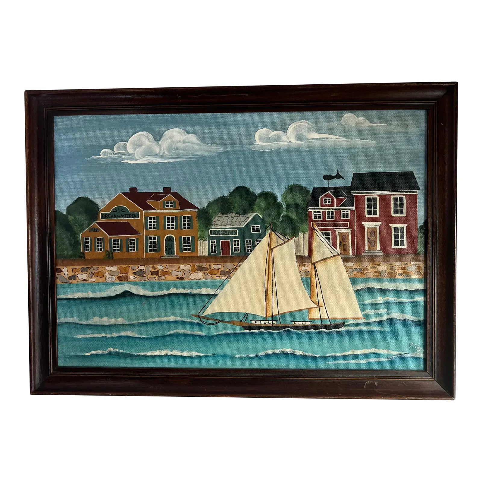 Vintage Primitive New England Seascape Painting With Sailboat | Chairish