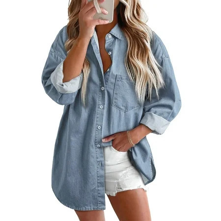 Fantaslook Denim Shirts for Women Button Down Blouses Long Sleeve Casual Tops Fall Outfits | Walmart (US)