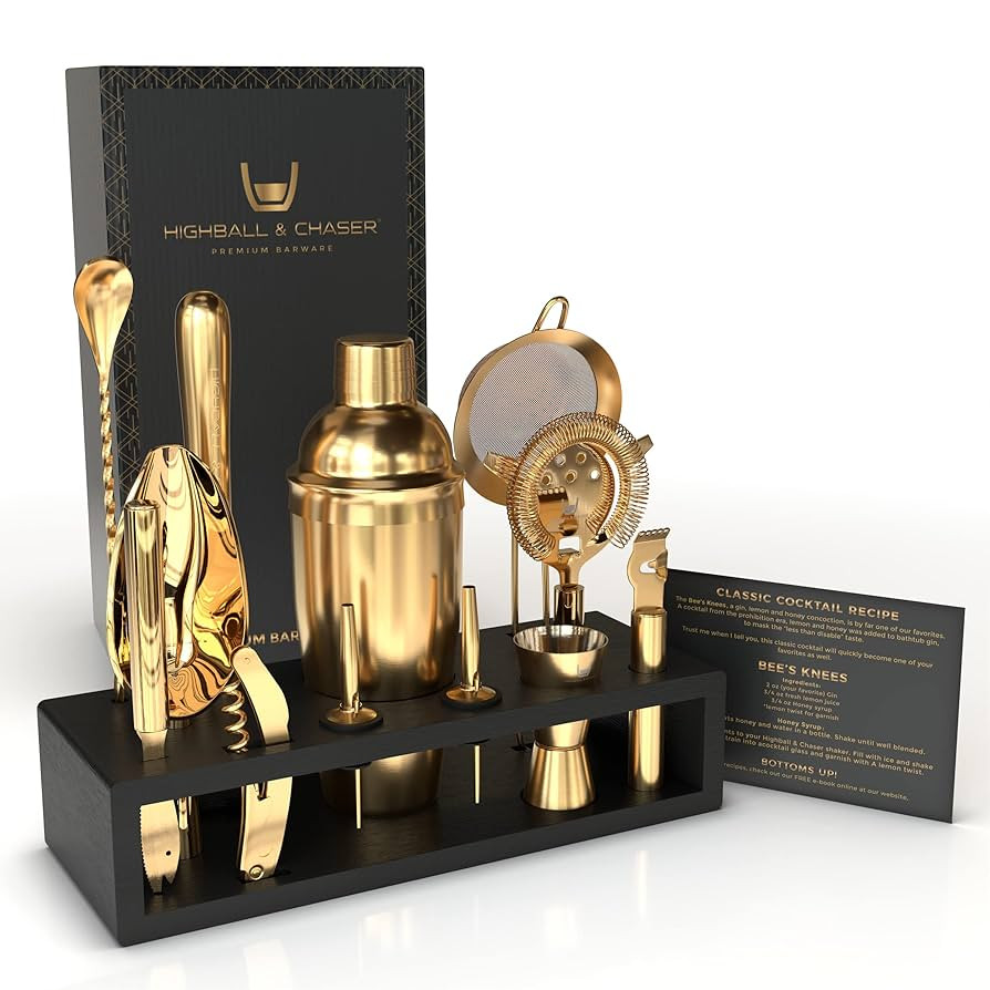 Highball & Chaser Bartender Kit with Espresso Bamboo Stand. Beautiful Cobbler Cocktail Shaker Set... | Amazon (US)