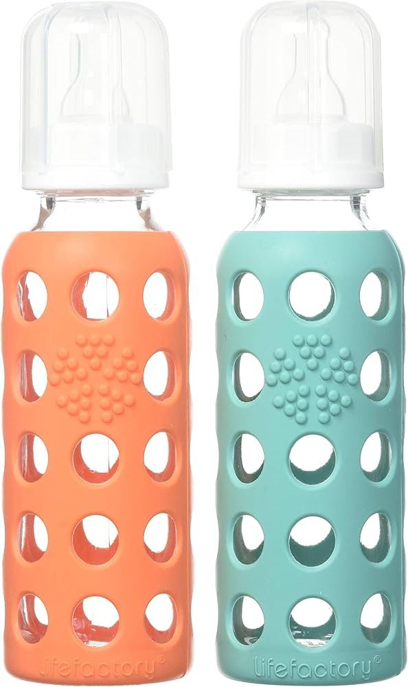 Lifefactory 9oz Glass Baby Bottle 2pk Bundle with 2 Stage 2 Nipples (Kale/Papaya) | Amazon (US)