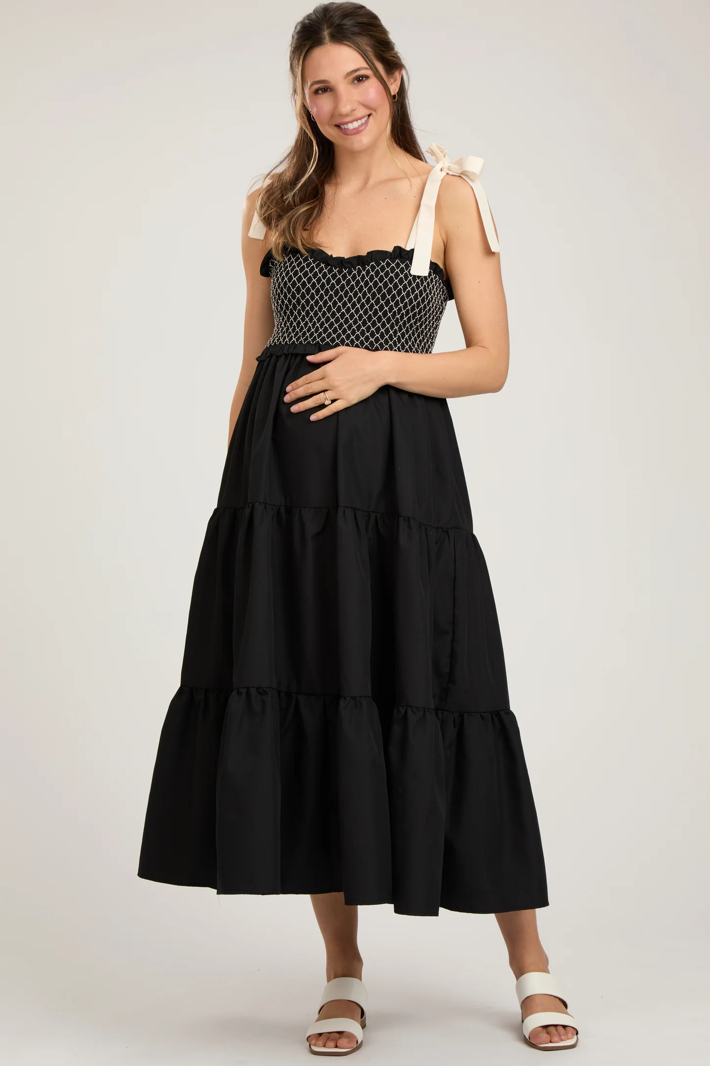 Black Sleeveless Tiered Colorblock Strap Maternity Maxi Dress | PinkBlush Maternity