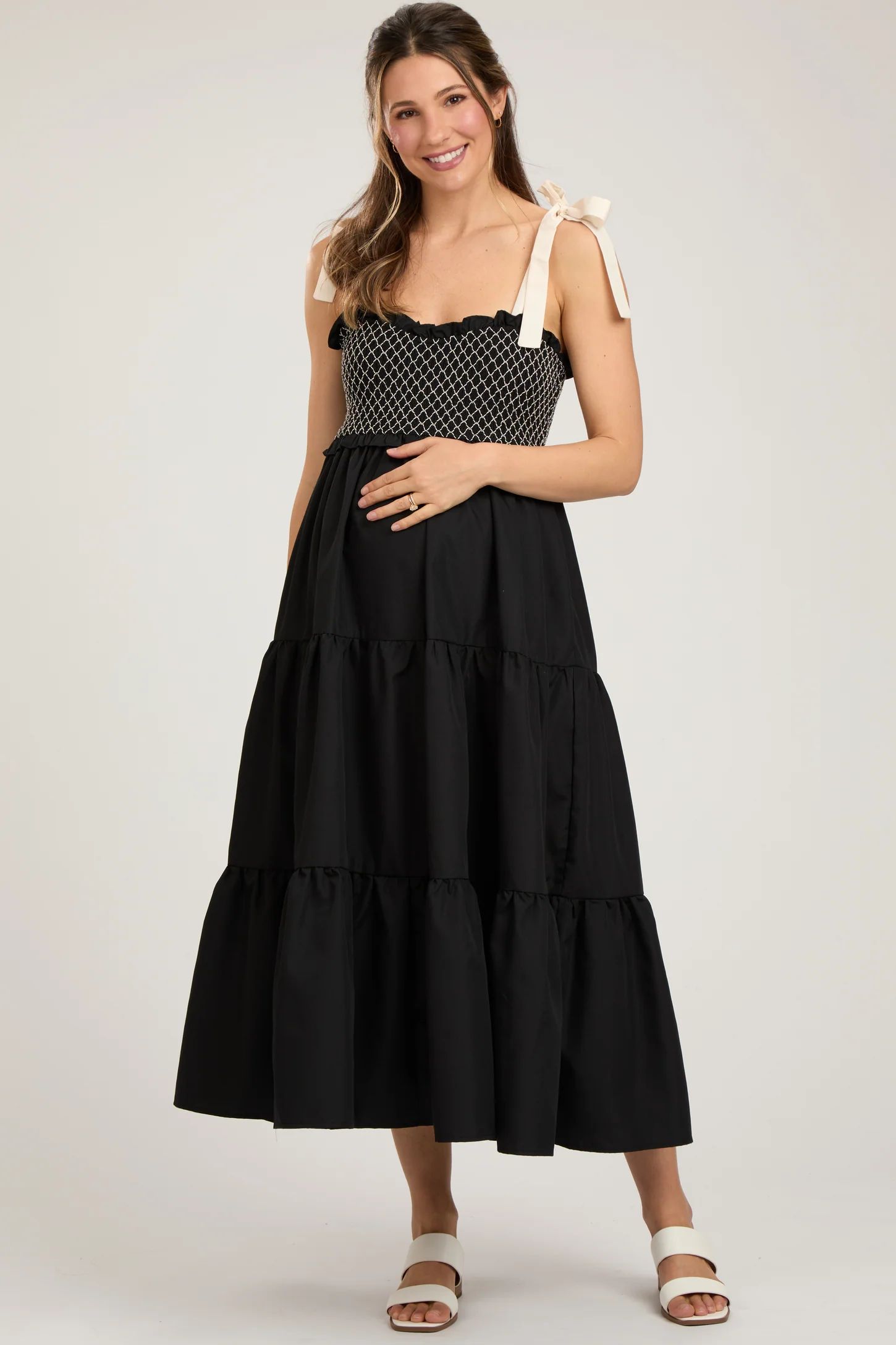 Black Sleeveless Tiered Colorblock Strap Maternity Maxi Dress | PinkBlush Maternity