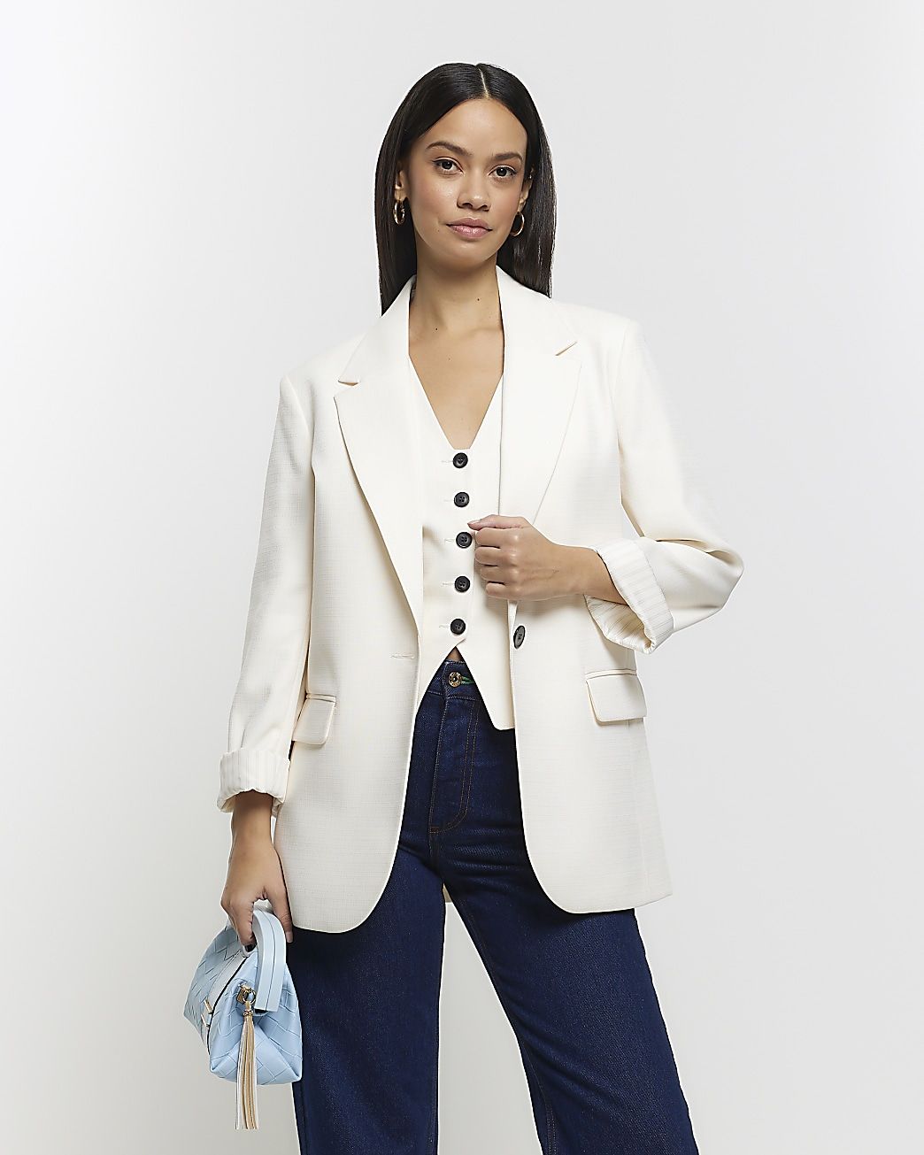 Cream rolled sleeve relaxed blazer | River Island (UK & IE)