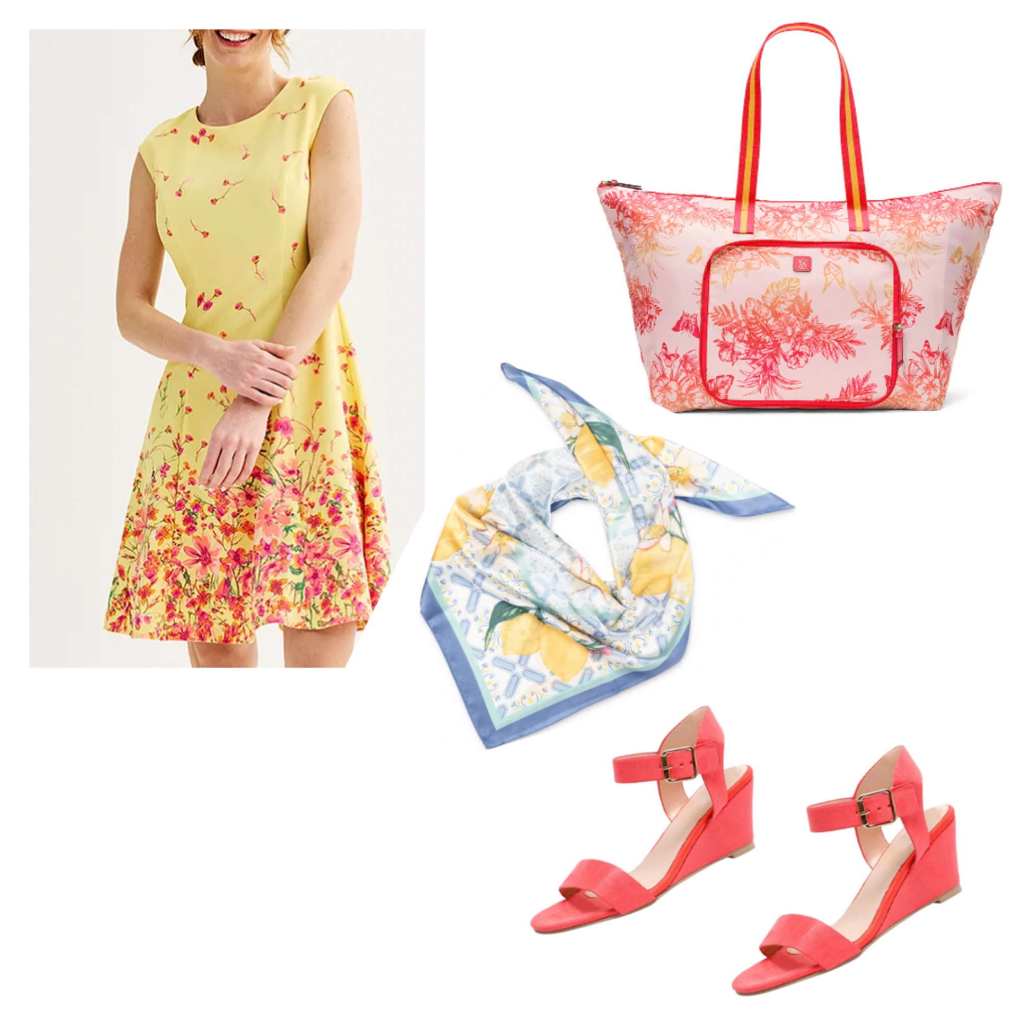 Spring dress. Summer dress tropical weekend handbag. Lemon scarf and coral wedge heals 

#LTKShoeCrush #LTKItBag #LTKSeasonal