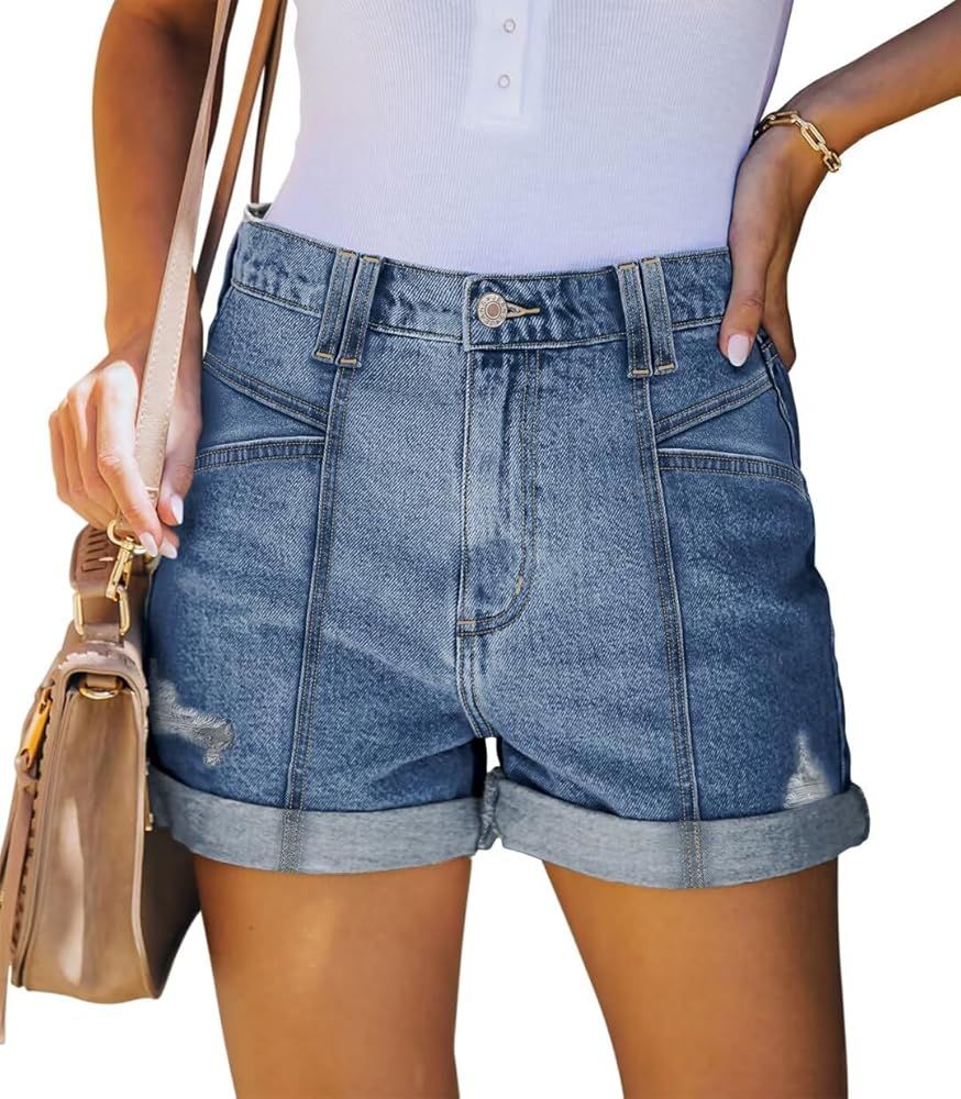 Magritta Denim Shorts for Women Mid Waisted Folded Hem Ripped Jean Shorts | Amazon (US)