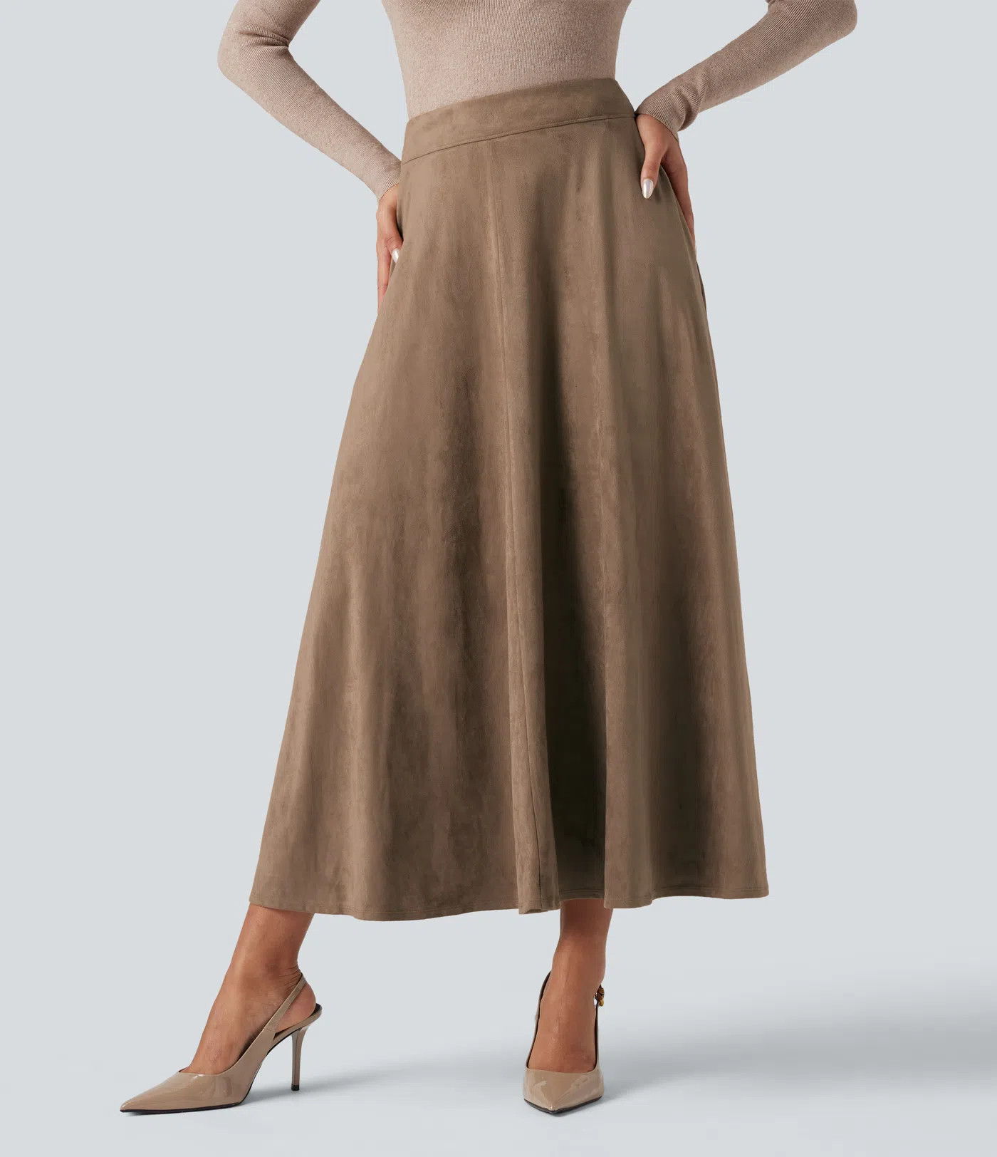 Women’s High Waisted Suede Midi Casual Flare Skirt with Pockets - Halara | Halara UK