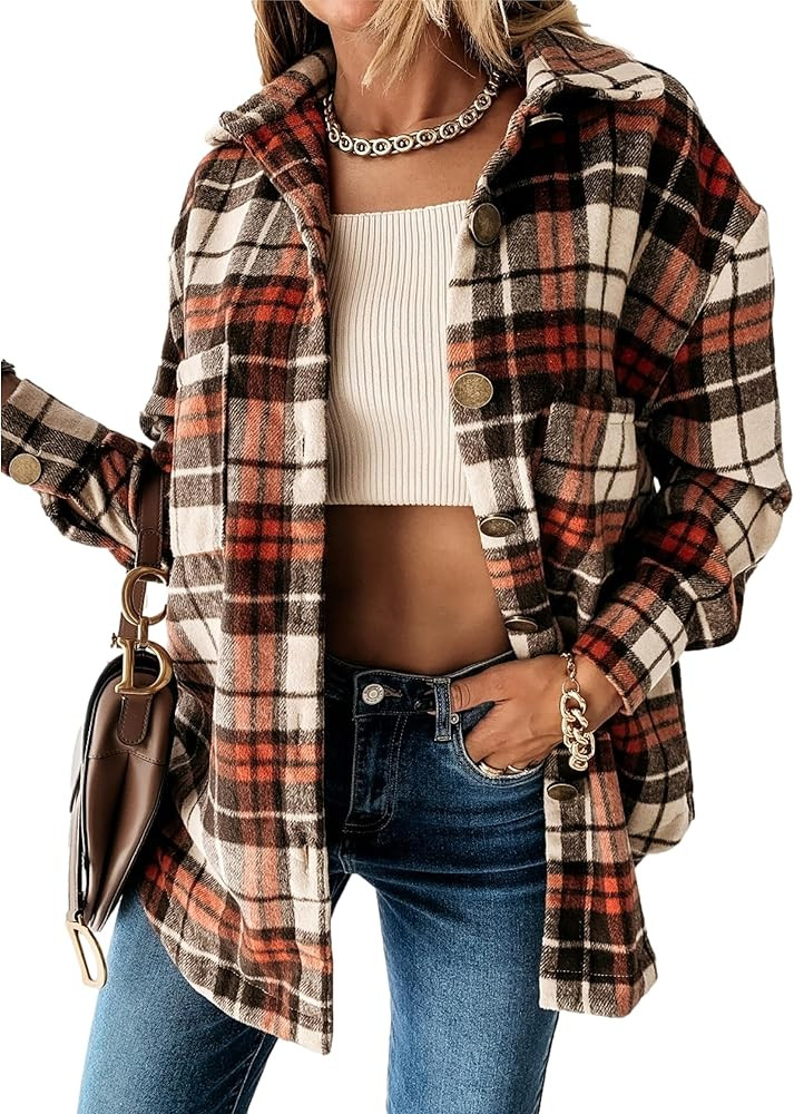 HangNiFang Women's Long Plaid Shacket Jacket Oversized Button Down Shirts Winter Warm Pea Coat | Amazon (US)