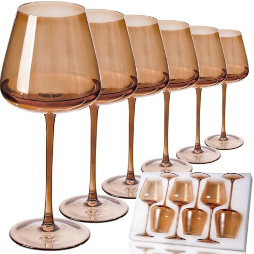 JOVGANK Amber Wine Glasses Set of 6, Hand Blown Large Colored Wine Glass 18Oz, Lead-Free Premium Crystal Long Stem Brown Wine Glass, Daily Use, Wedding Anniversary or Christmas Gift, Amber | Amazon (US)