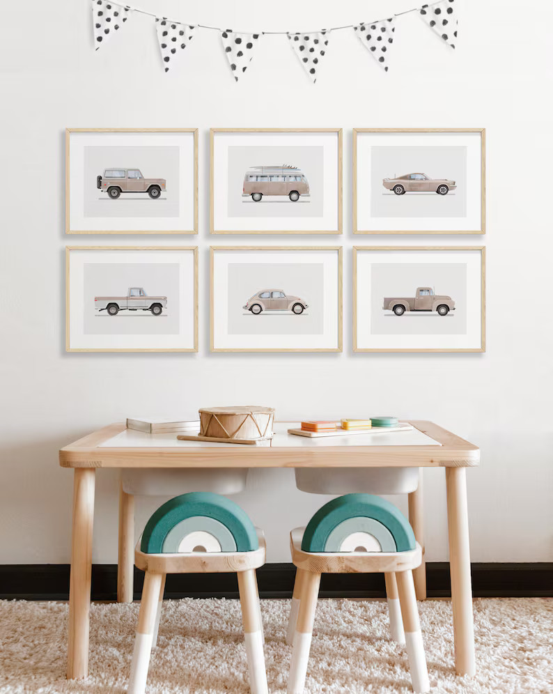 Set of 6 Vintage Beige Vehicle Prints, Boys Room Decor, Retro Car Prints for Boys Room, Kids Room... | Etsy (US)